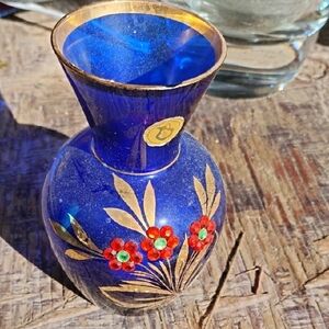 Blue Glass Floral Accent Vase with Gold Trim